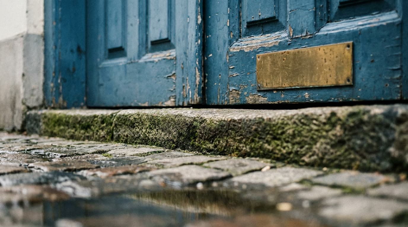 Close insert of the weathered blue door and its brass number plate