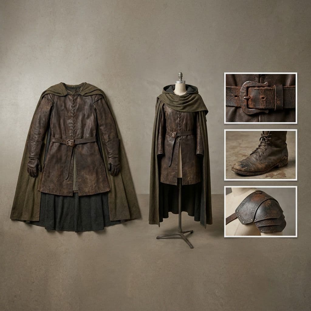 Costume design sheet — a leather and cloak battle costume flat-laid with detail studies