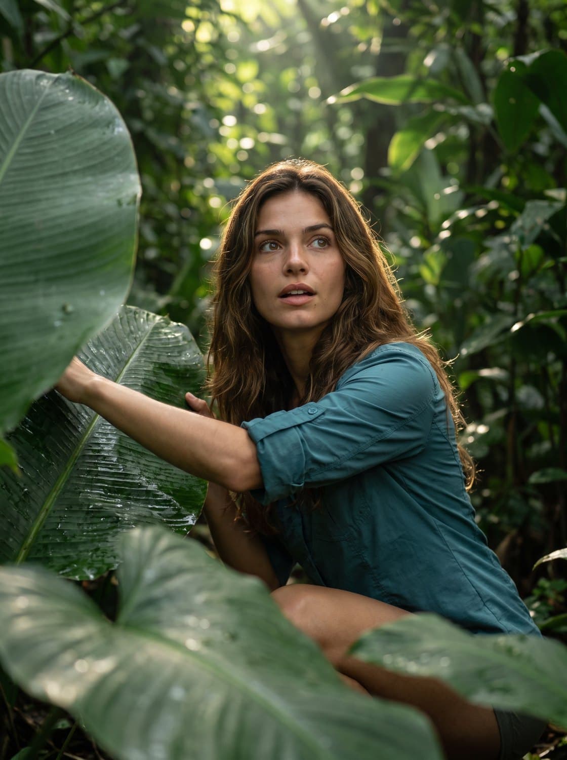 The same character crouched in jungle foliage, looking up into the canopy