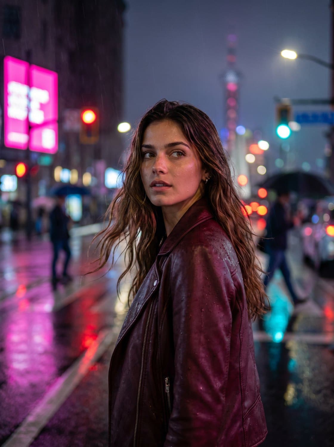 The same character glancing back over her shoulder on a rain-slick neon street