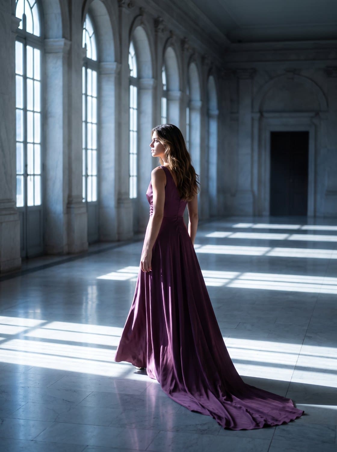 The same character walking away down a marble hall, turning toward the window light