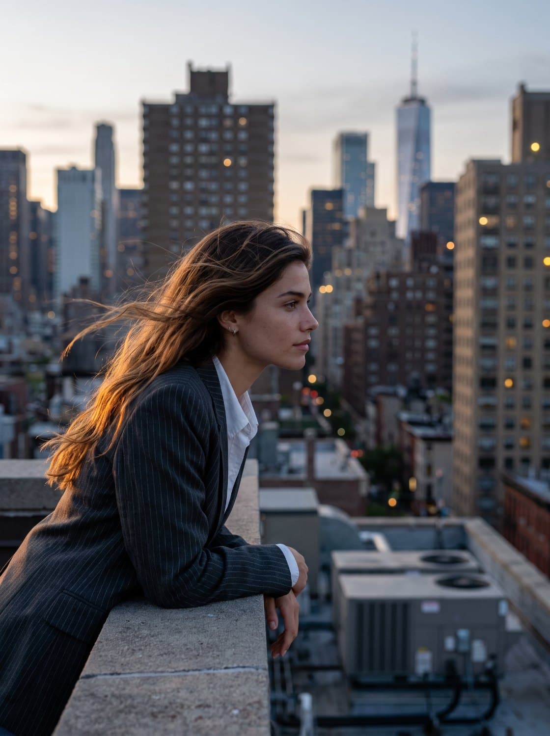 The same character leaning on a rooftop parapet at dusk, looking out over the city