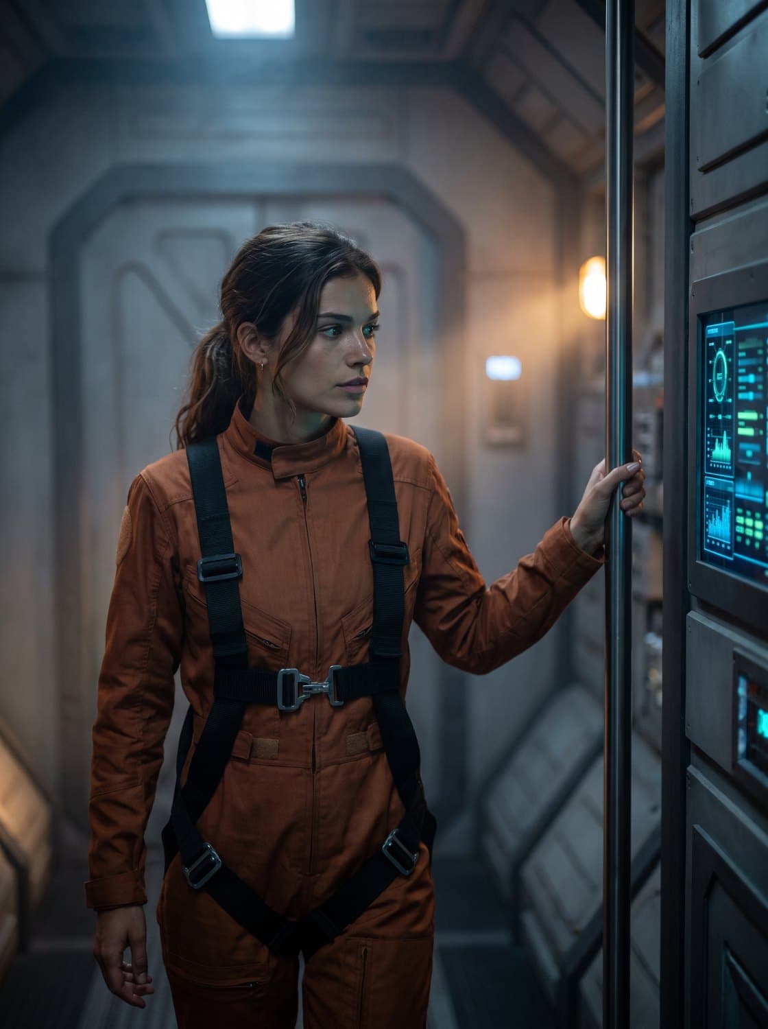 The same character checking a readout panel in a spacecraft corridor
