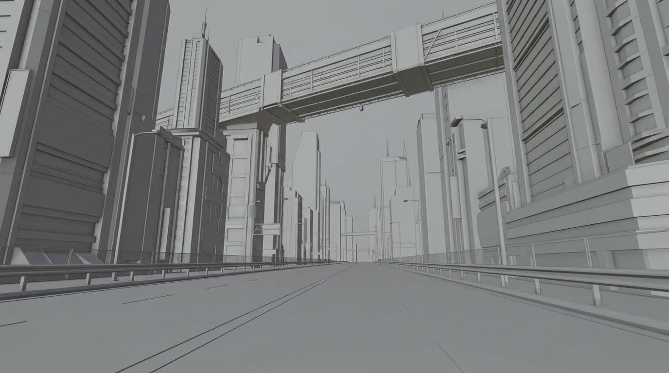 Grey clay proxy take — the camera glides under a blocked-out skybridge and cranes up the tower