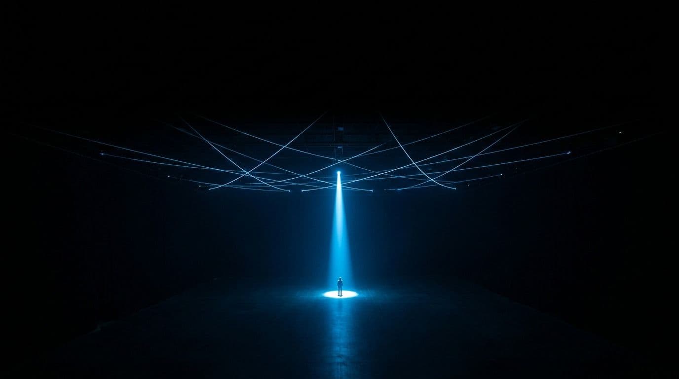 A vast dark sound stage with a single shaft of electric-blue light falling on a lone figure at its centre
