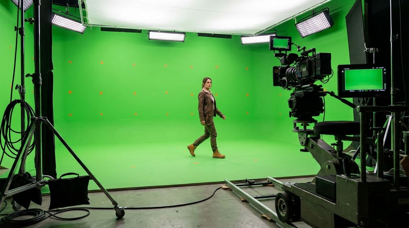 A studio portrait being relit in real time as the key light sweeps around and changes colour