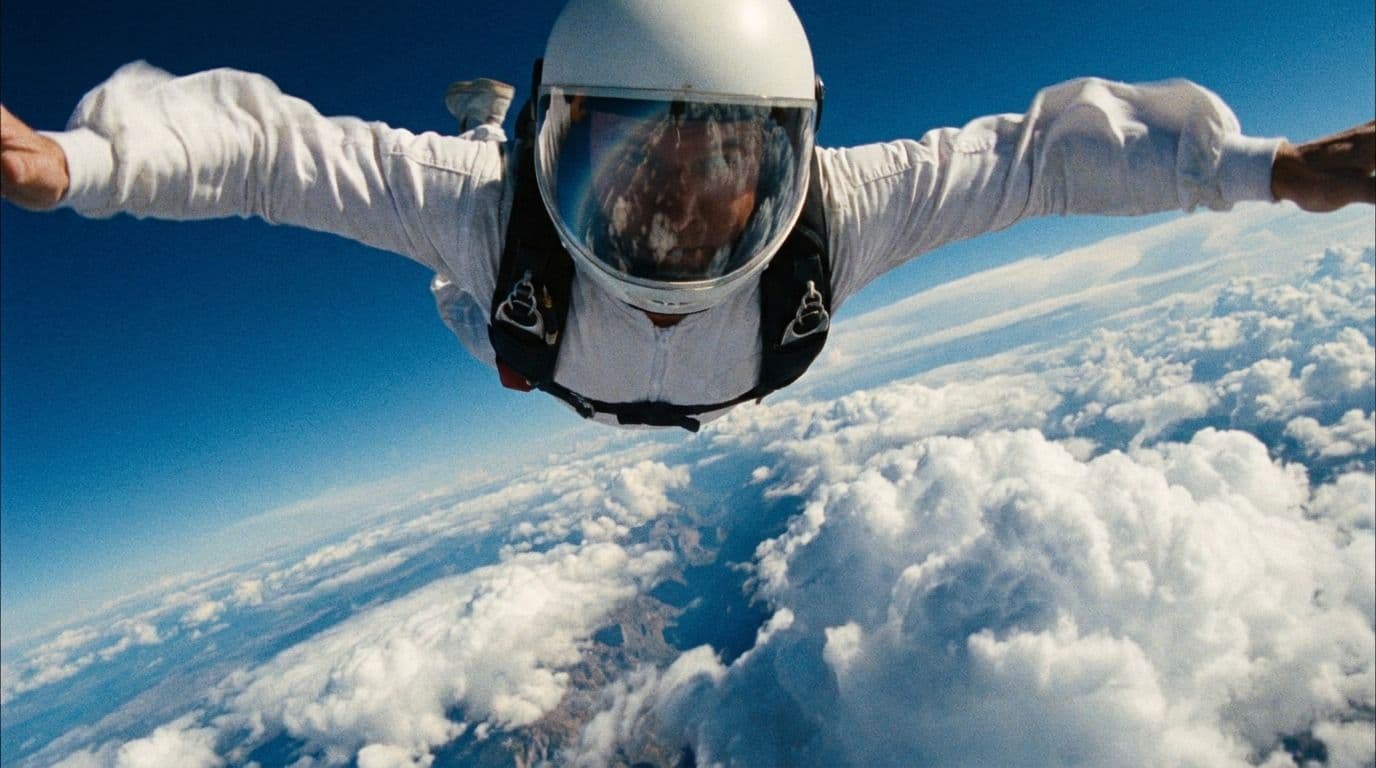 A skydiver in freefall against a towering canyon of cloud