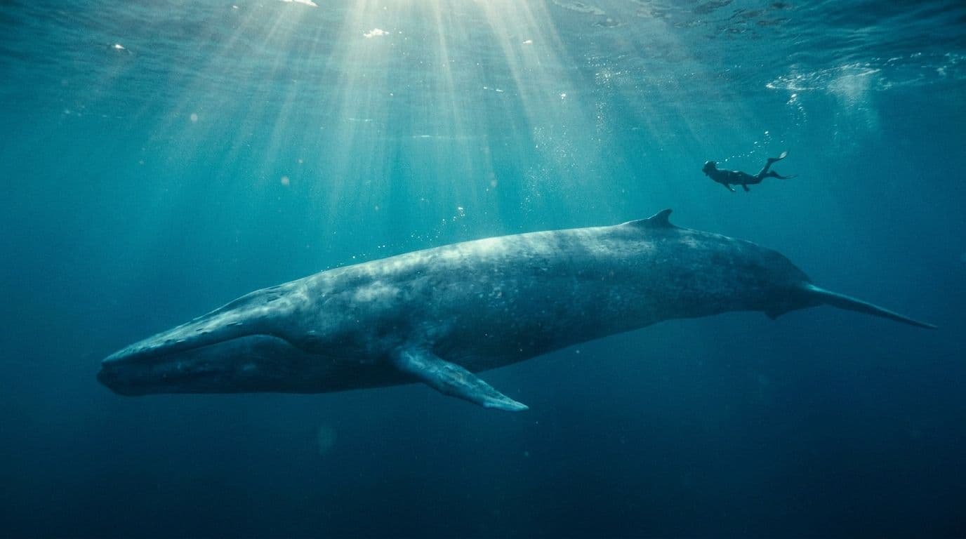 A diver swims through open ocean as a colossal kraken uncoils in the deep below him