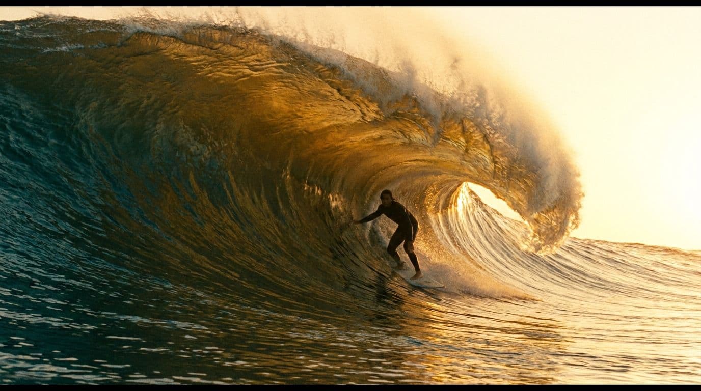 A surfer riding deep inside the barrel of a golden-hour wave